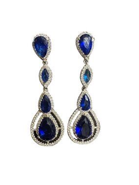 Boutique Sapphire Crystal Blue Tear Drop Dangle Earrings Formal Prom Bridal Halo